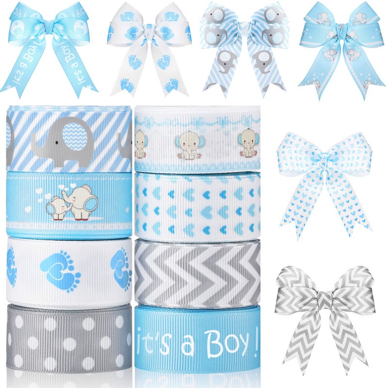 Ysleen 8 Roll Baby Elephant Grosgrain Ribbon 7/8 Inch Baby Shower Craft Ribbon It's a Boy/Girl Foot Print Ribbon for Gift Wrapping Baby Shower Gender Reveal Party Diaper Cake Decor  40 Yard Total (Blue) - Image 1